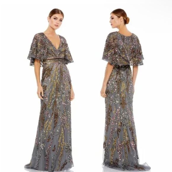 Mac Duggal 5439 Short Cape Flutter Sleeve Sequined Gown in Charcoal, Size 4